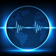 abstract background of digital ecg heartbeat pulse line wave monitor and globe world maps europe and america