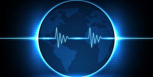 abstract background of digital ecg heartbeat pulse line wave monitor and globe world maps europe and america