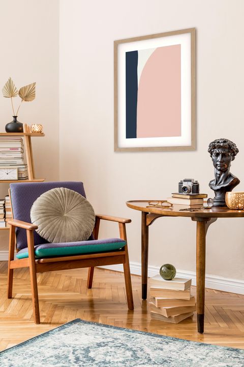scandi living room idea navy and pink art print