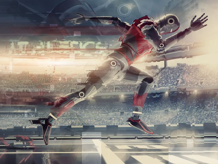 Abstract Robot Sprinting Athlete Bursting From Starting Blocks In Stadium