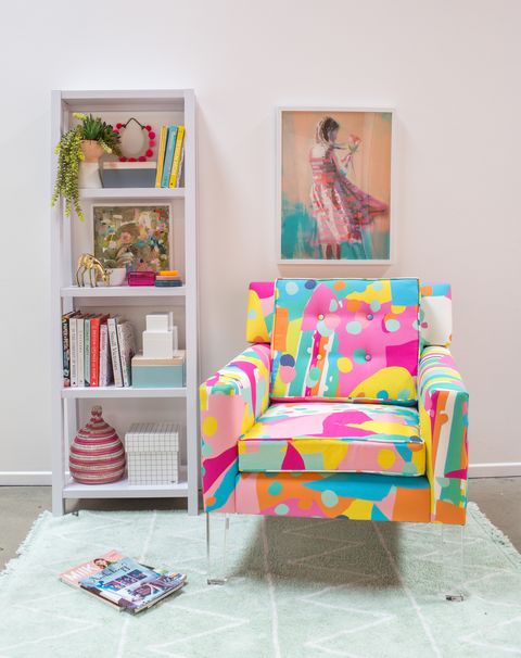Furniture, Pink, Room, Interior design, Yellow, Living room, Chair, Textile, Couch, Shelf, 