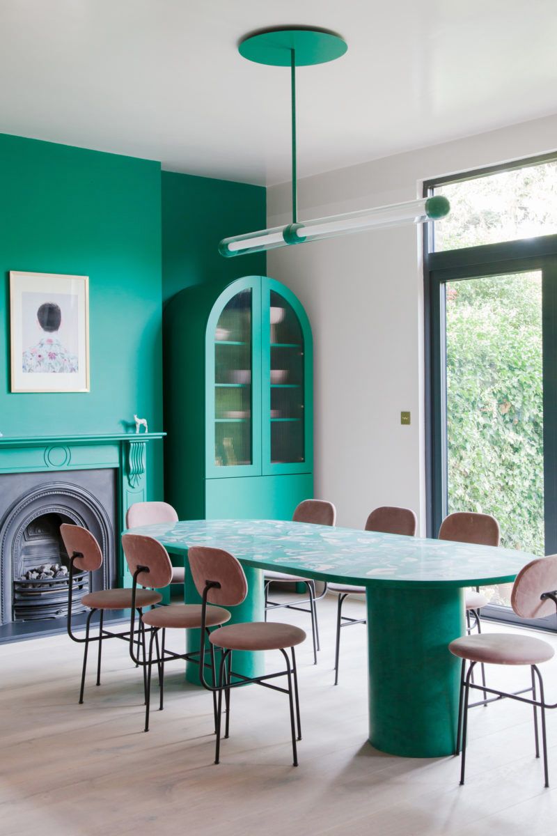 Green, Room, Furniture, Turquoise, Interior design, Table, Dining room, Property, Building, Ceiling, 