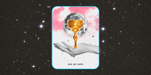 the ace of cups tarot card, showing a hand holding up a golden goblet, over a background of a dark, starry sky