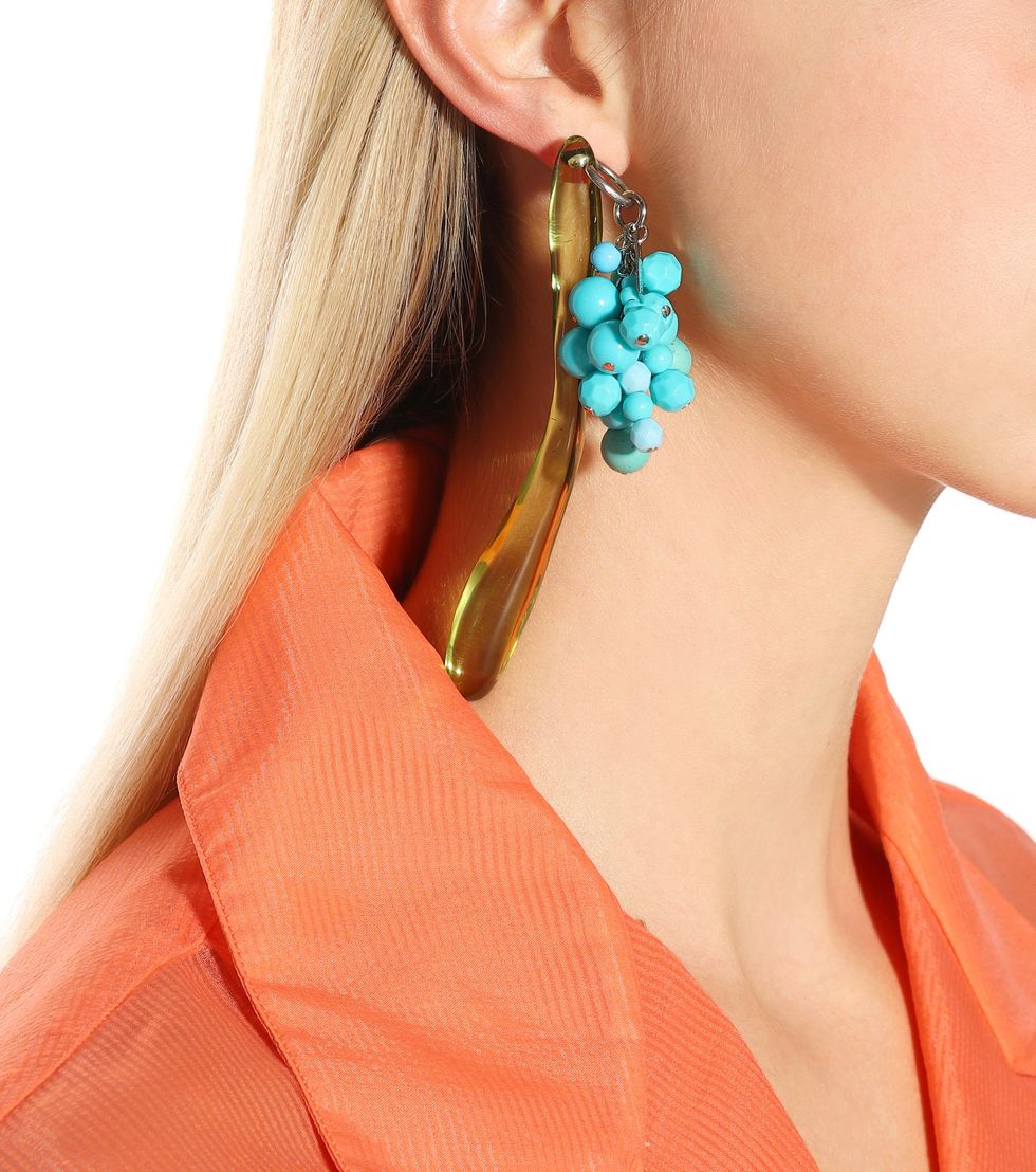 Ear, Turquoise, Earrings, Neck, Jewellery, Turquoise, Body jewelry, Orange, Fashion accessory, Aqua, 