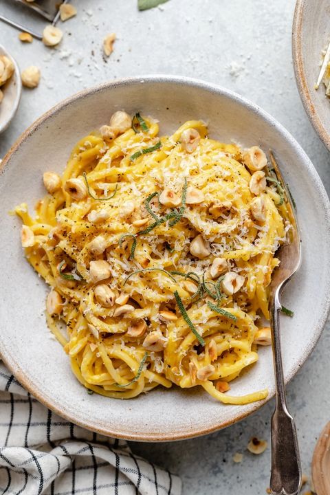 brown butter acorn squash pasta with hazelnuts