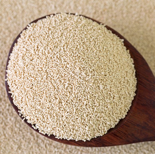 active dry baking yeast granules in wooden spoon