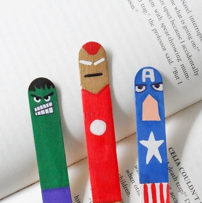 Craft sticks transform into Hulk, Iron Man, Captain America and are used as bookmarks. This project is a good household item for a great activity for kids.