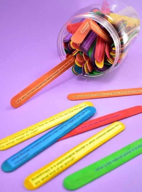 colorful craft sticks have questions on them to make a trivia game the project is a good housekeeping pick for best activities for kids