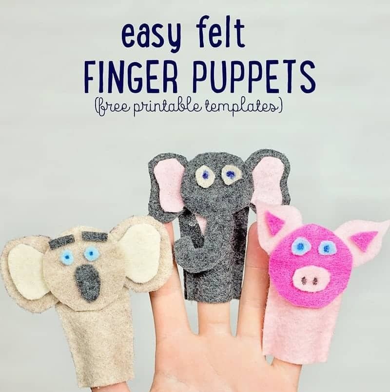 On her hands are three DIY felt animal finger puppets. This project is perfect for housekeeping, a great activity for kids.