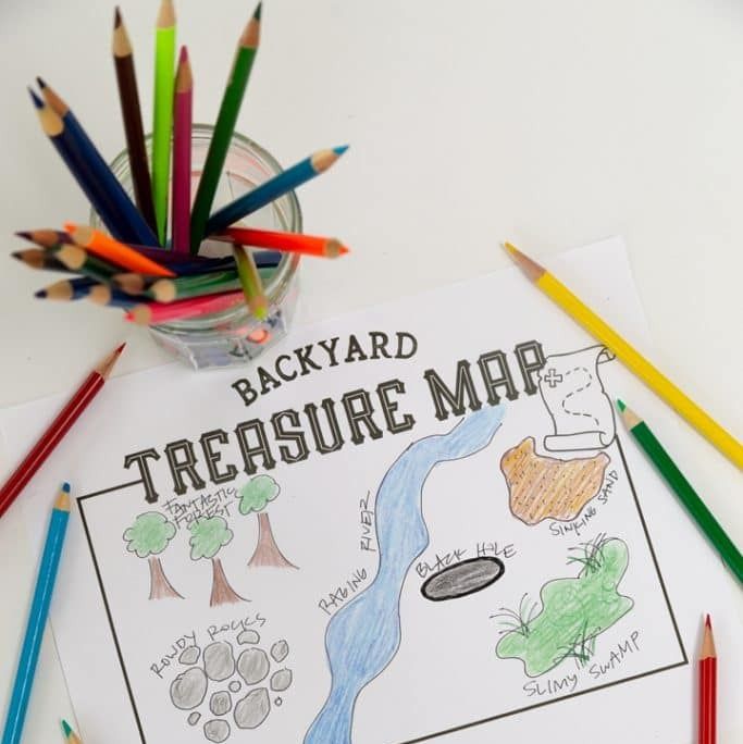 The treasure hunt map shows landmarks in your backyard, marked in colored pencil. This project is perfect for housekeeping, a great activity for kids.