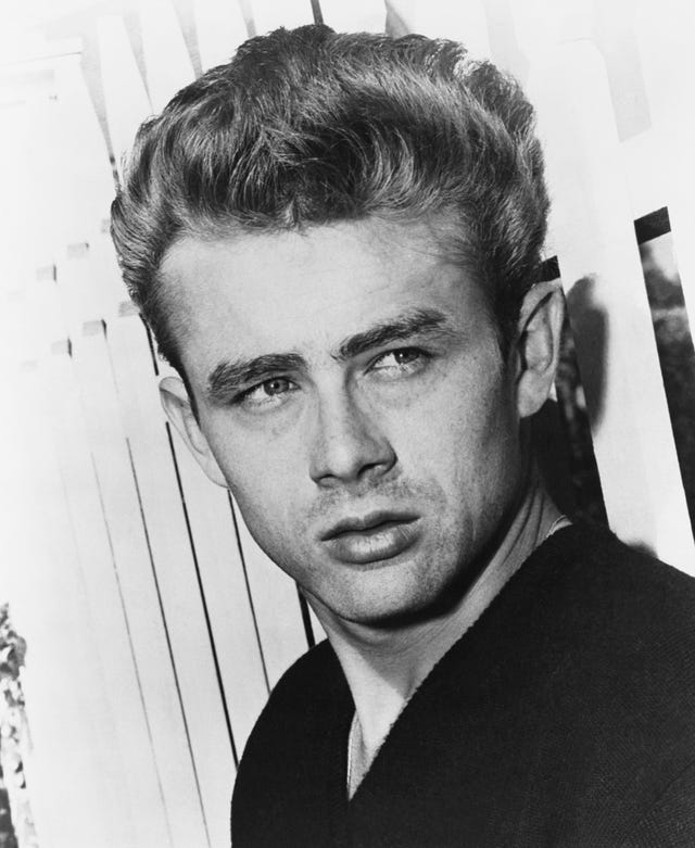actor james dean sitting in front of a picket fence