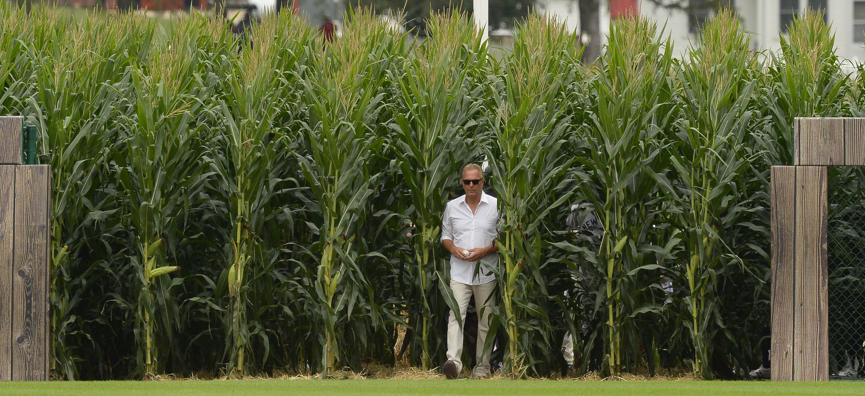 Actor Kevin Costner walks on the field before the NFL Super Bowl