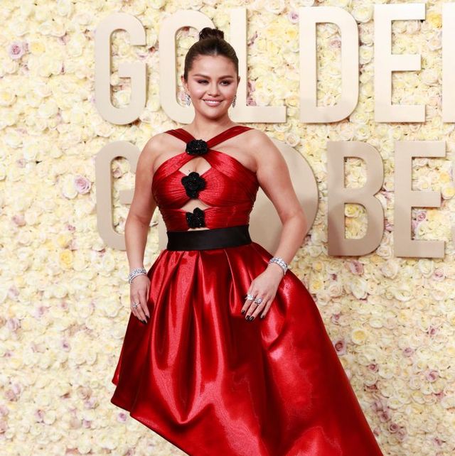 selena gomez in a red dress at the 2024 golden globes