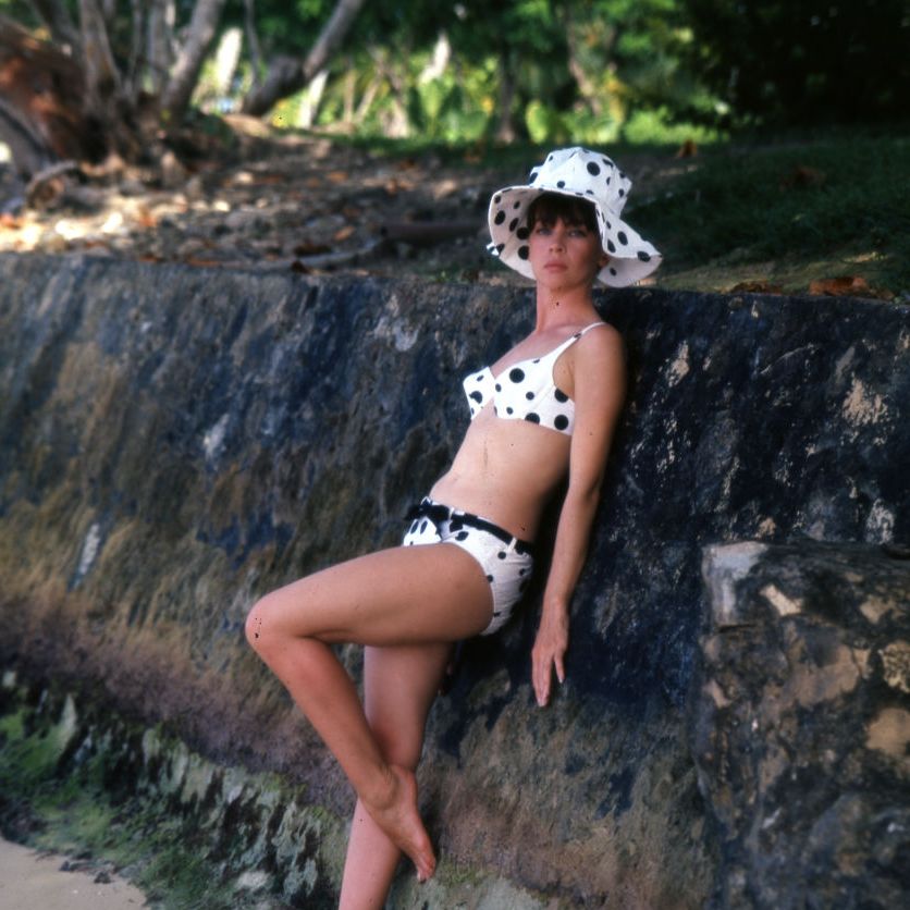 actress leslie caron poses for a portrait in a polka dot bikini and hat while filming the movie "father goose" in 1963 in ocho rios, st ann, jamaica, photo by leo fuchsgetty images