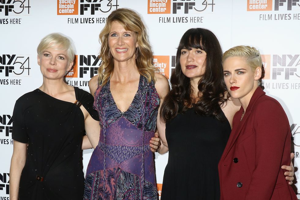 michelle williams, laura dern, lily gladstone, and kristin stewart posing alongside each other at the new york film festival