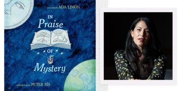 a vibrant book cover featuring a dark blue background filled with stars an open book is illustrated at the center with small images emerging from the pages including whimsical figures and celestial elements the title in praise of mystery is prominently displayed in white along with the author ada limon name above in smaller text