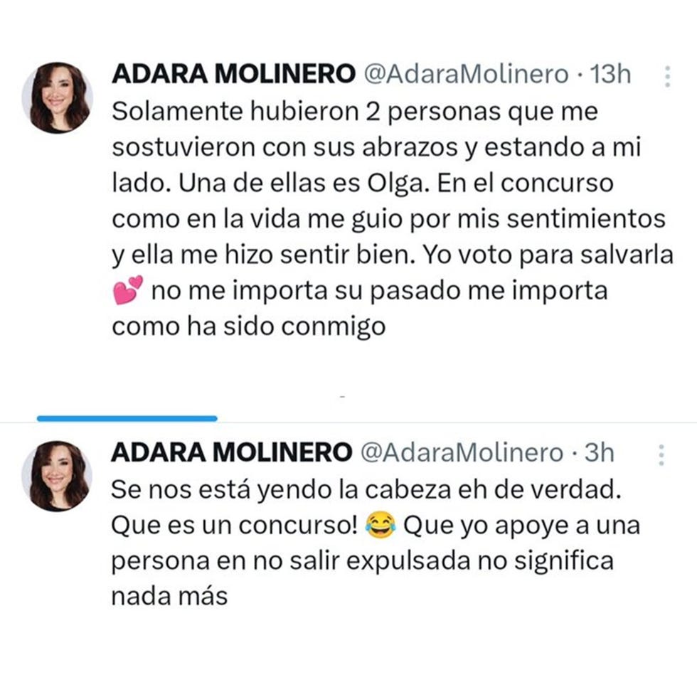 adara molinero da su apoyo a olga moreno en twitter en supervivientes all stars