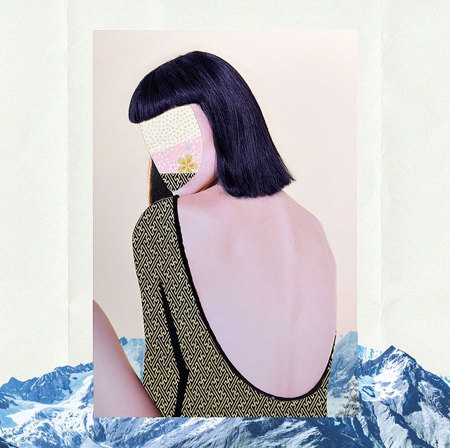 collage artwork of a woman sitting on a mountain