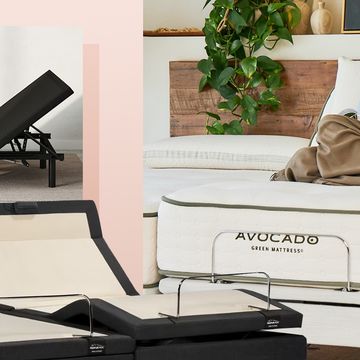woman sitting upright in avocado adjustable bed frame