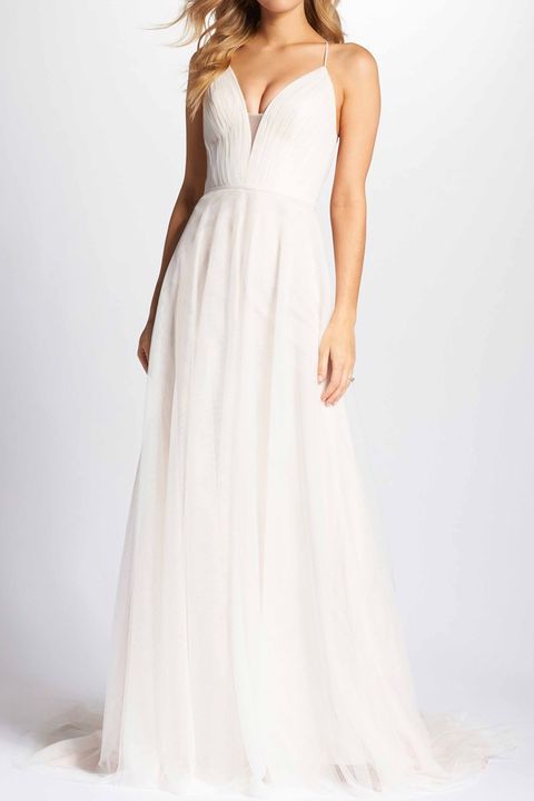 Gown, Wedding dress, Clothing, Dress, Fashion model, Bridal party dress, Bridal clothing, White, Shoulder, Waist, 