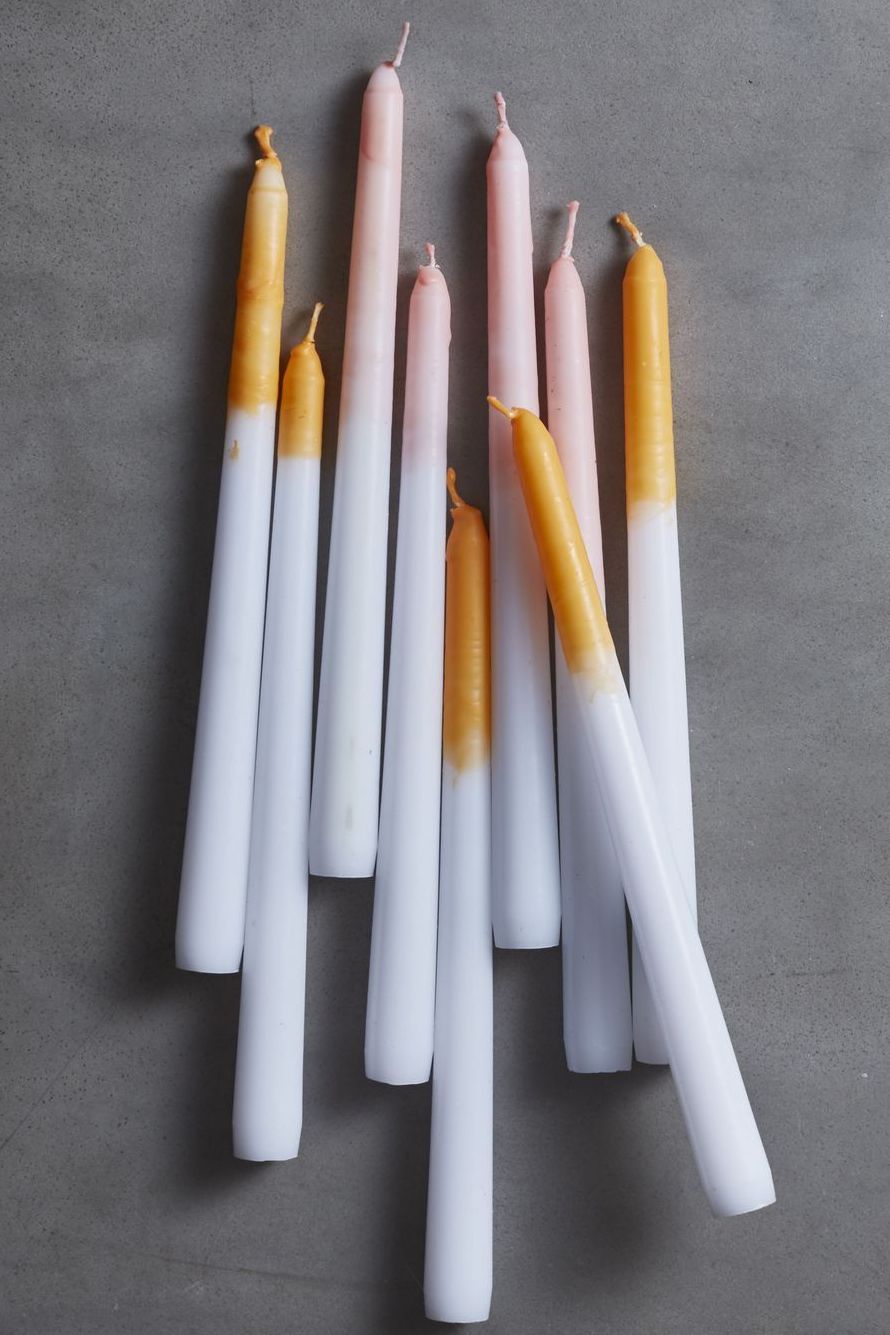 adult craft ideas, dip dye taper candles clustered together