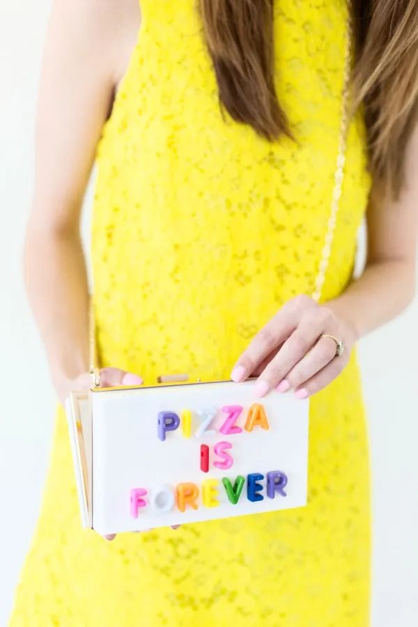 adult craft ideas, white purse that reads, pizza is forever