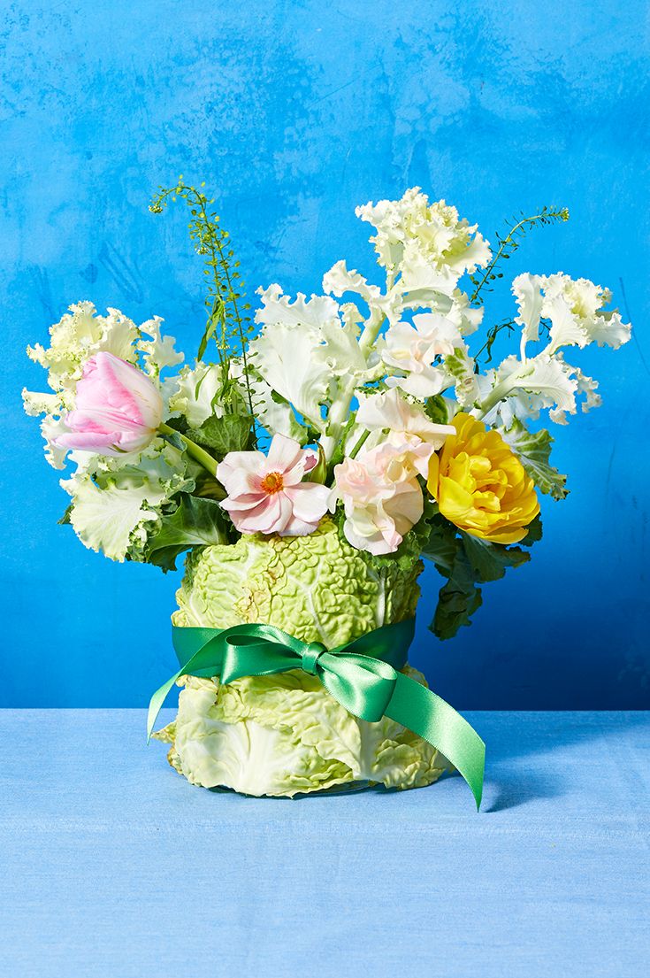 adult craft ideas veggie, cabbage leaves wrapped around a vase with flowers inside