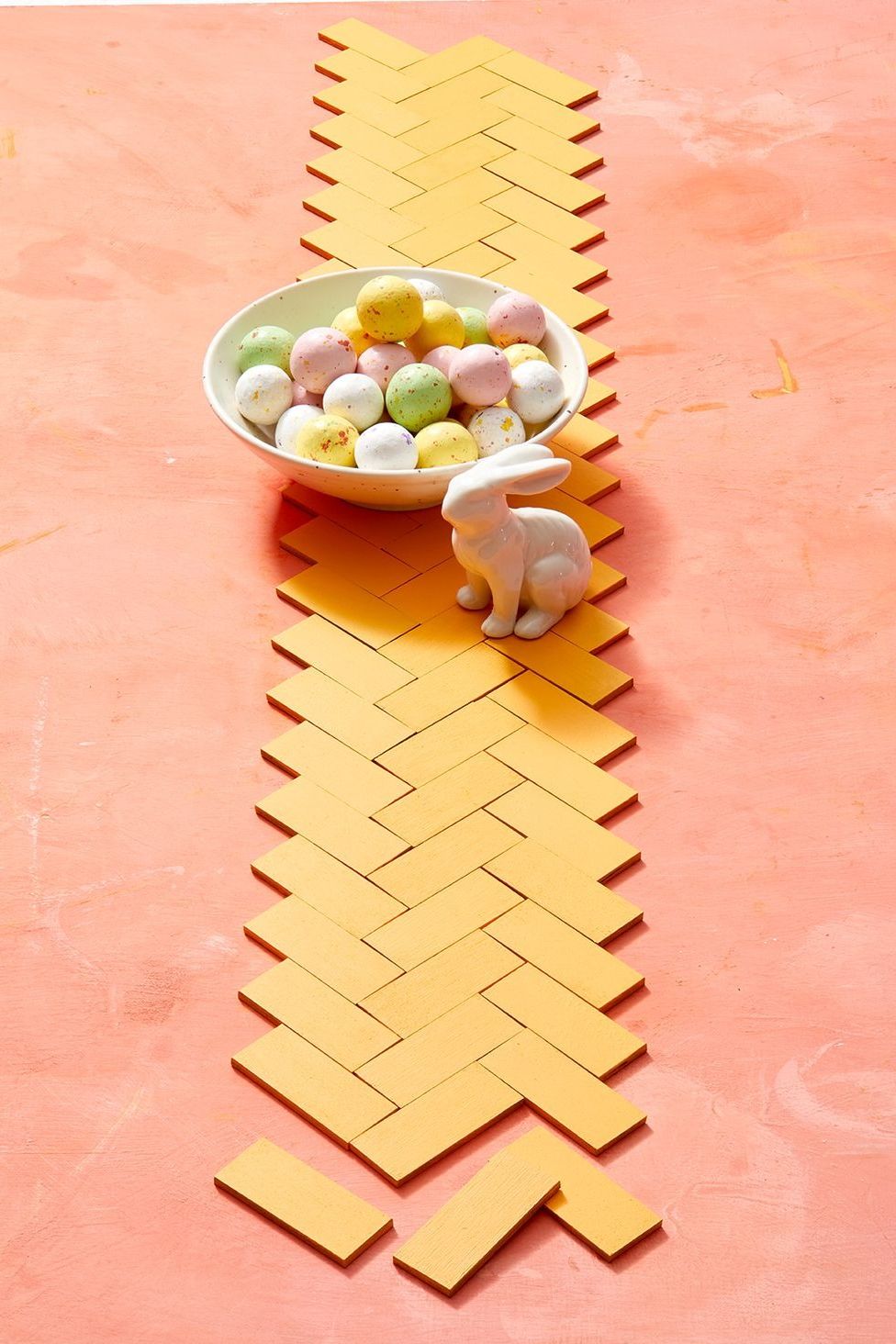 adult craft ideas, yellow table runner made of wood pieces