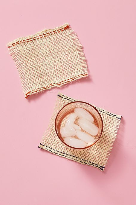 adult craft ideas, woven coasters with stitching and a glass full of ice on top