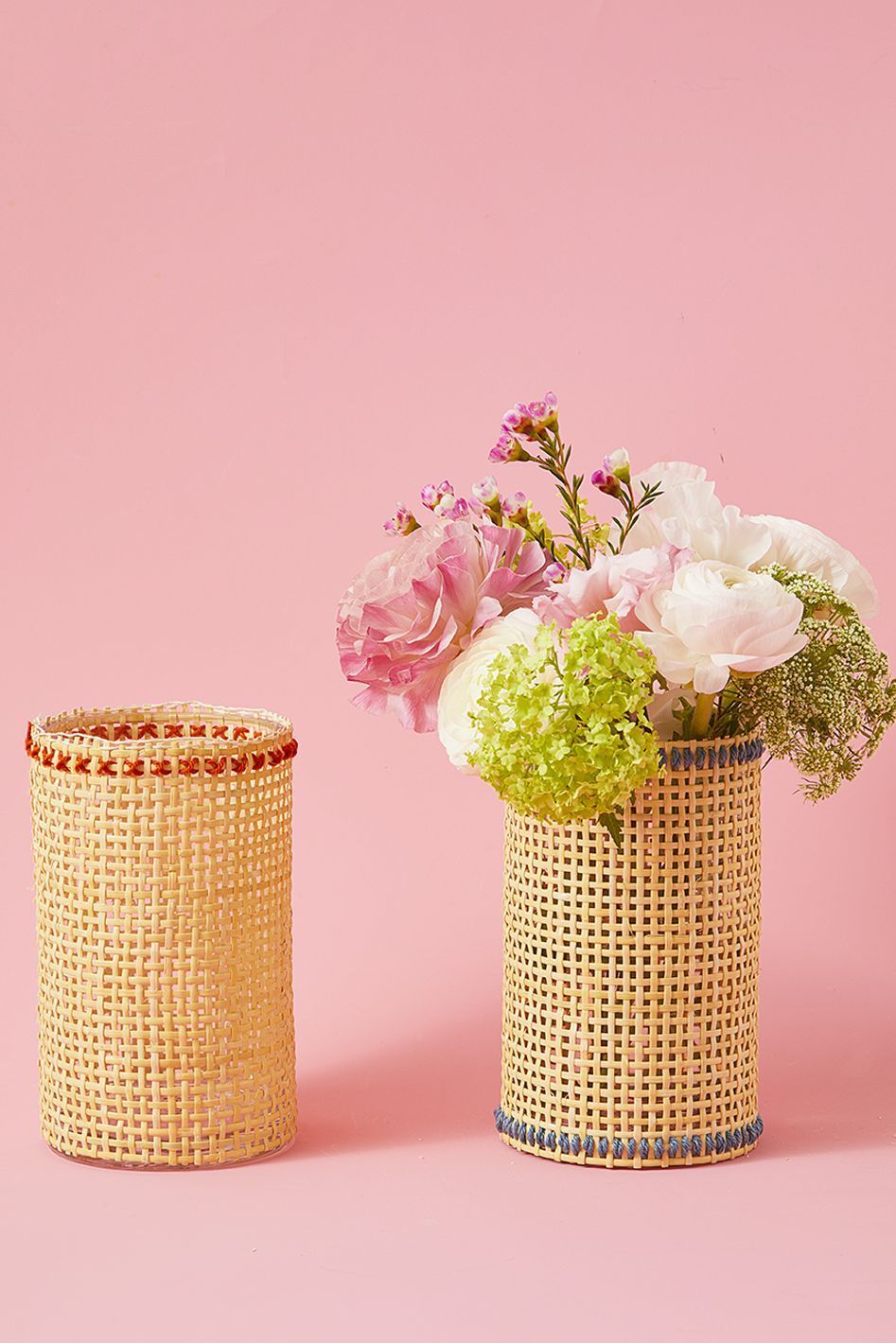 adult craft ideas, two woven floral vases with flowers in one