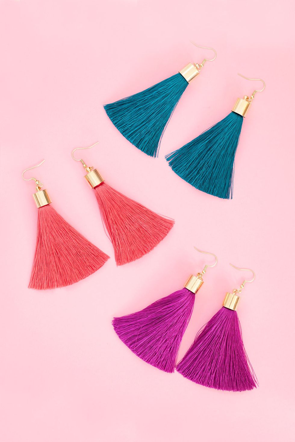adult craft ideas, tassel earrings, blue red and purple