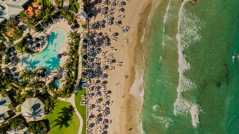 aerial drone view directly above a beach filled with blue beach umbrella on the sandy shoreline in palm beach, florida at midday during the spring of 2022