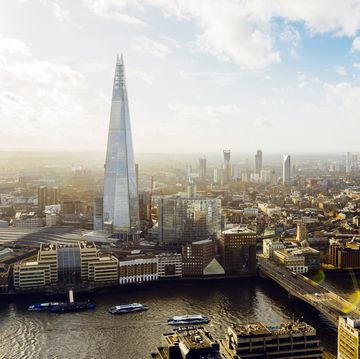 Aerial helicopter view of London with The Shard building, London, England, UK