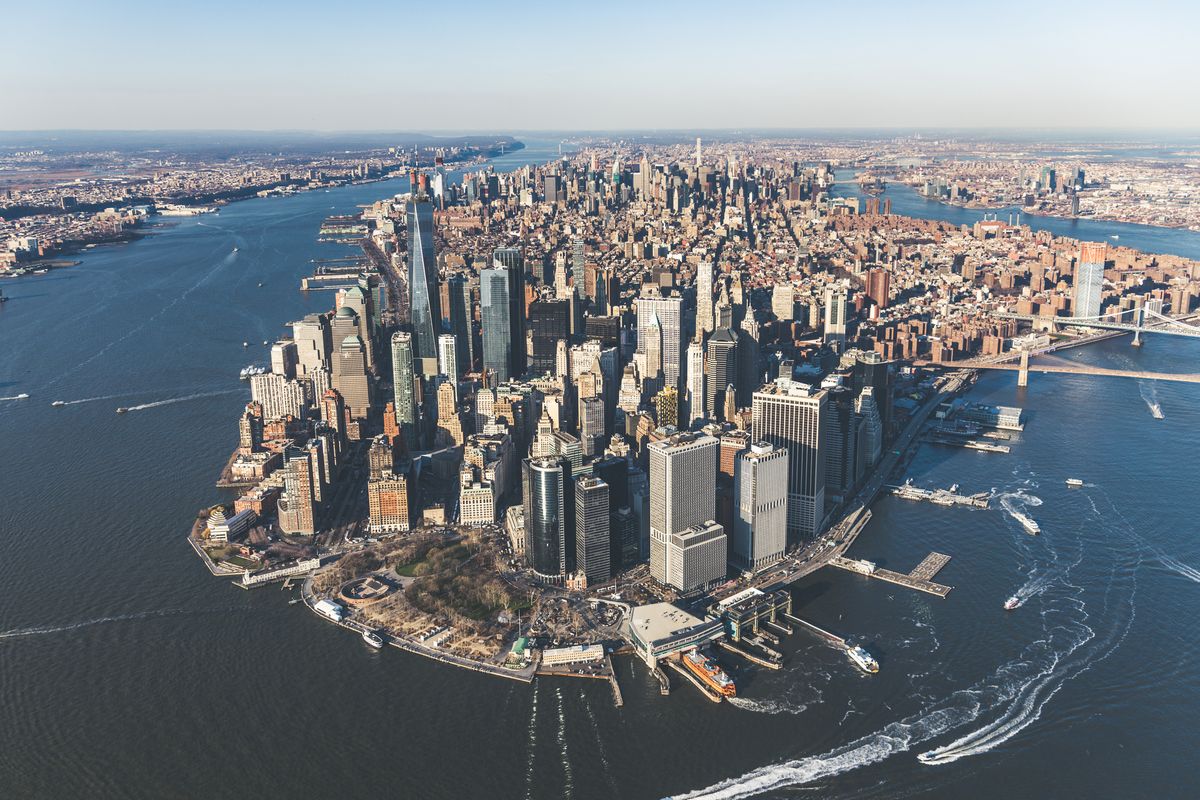 aerial of downtown manhattan, nyc
