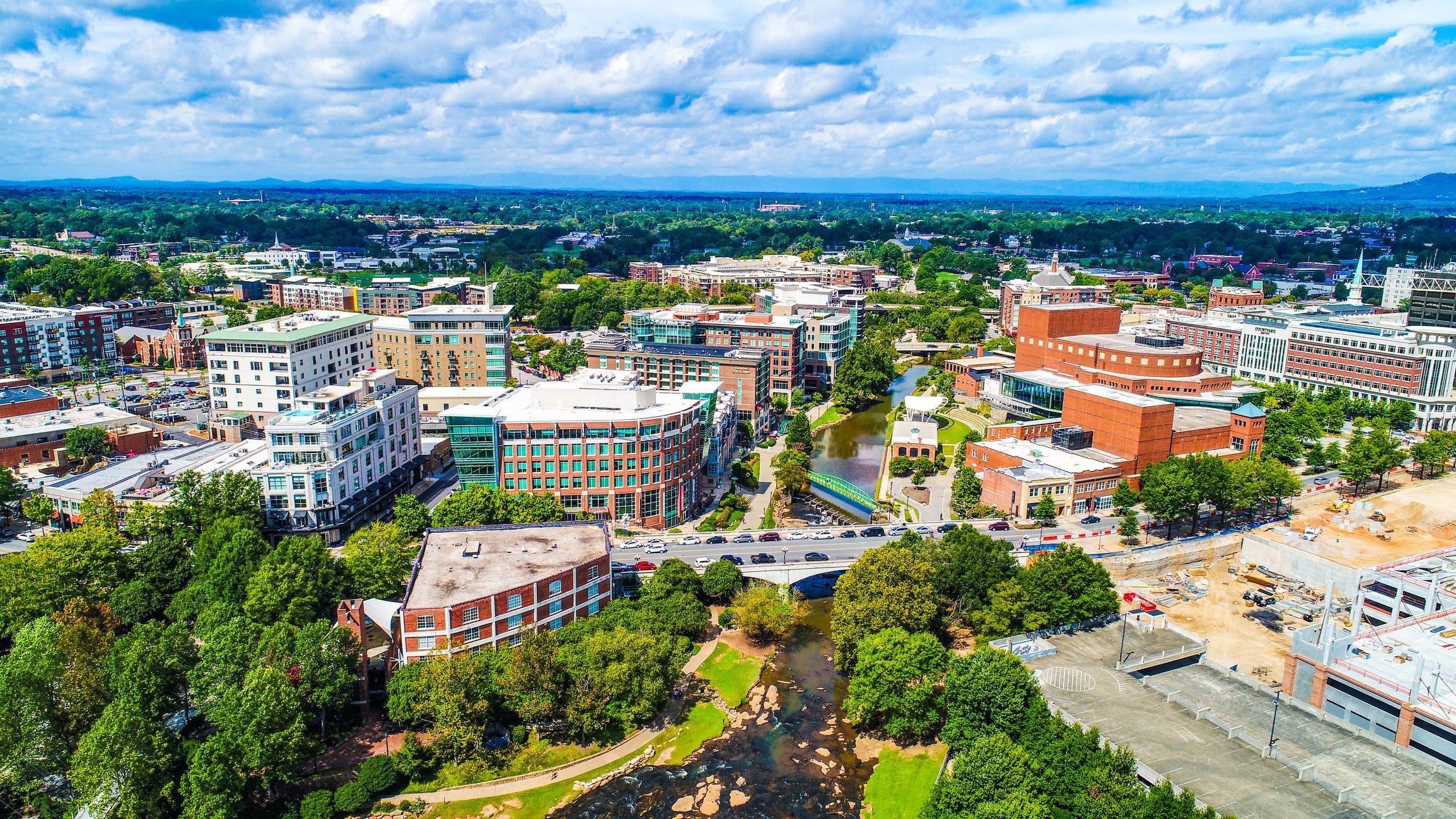 Aerial of River Place and Reedy River in Greenville, South Carolina, USA.