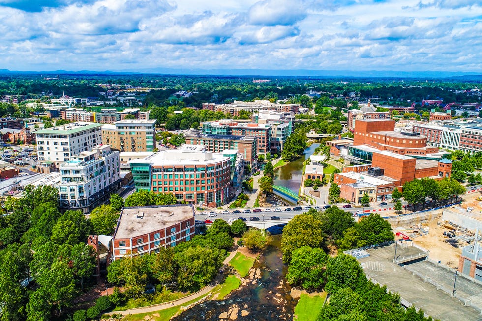 Aerial of River Place and Reedy River in Greenville, South Carolina, USA.