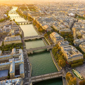 aerial paris seine river and bridges sunset light