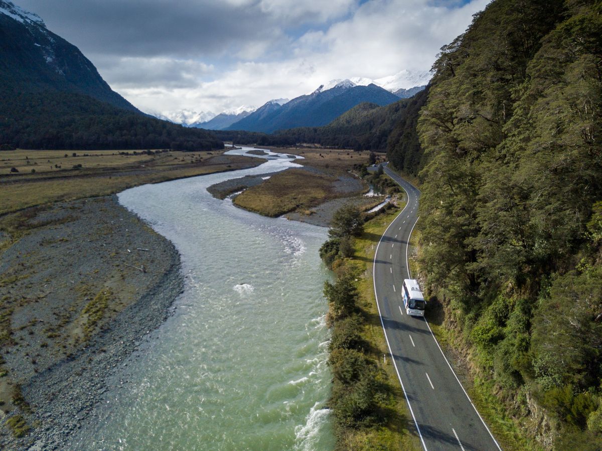 aerial photography, scenic road to milford sound, new zealand