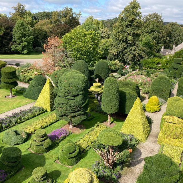 aerial shot on levens halls and gardens topiary garden