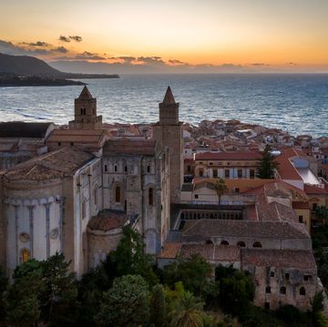 aerial view evening cityscape of cefalu town with chiesa di cefalu, sicily, italy
