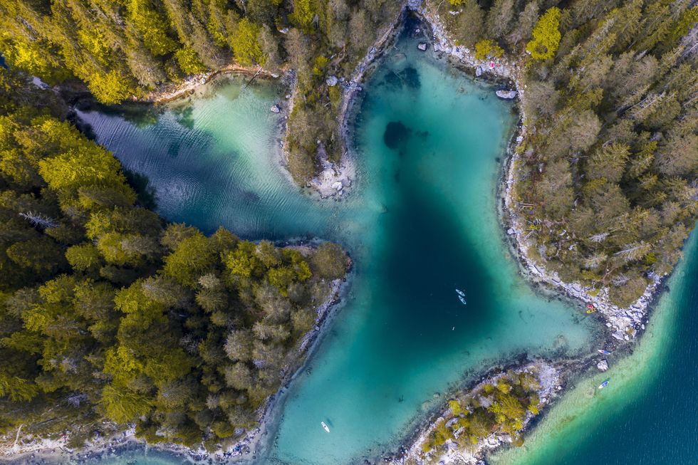 aerial view, islands and forested shores from above, eibsee lake near grainau, upper bavaria, bavaria, germany
