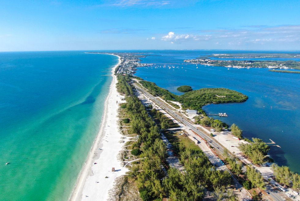 aerial view of anna maria island, white sand beaches and blue water