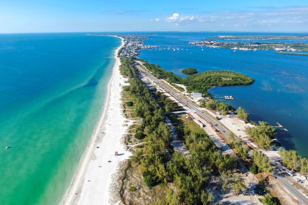 aerial view of anna maria island, white sand beaches and blue water