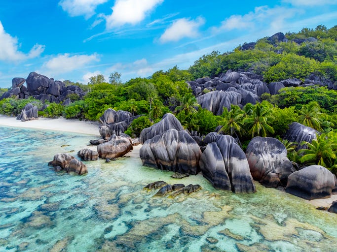 aerial view of anse source d'argent beach in seychelles