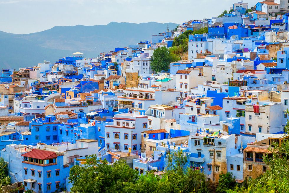 aerial view of blue medina of city chefchaouen,  morocco, africa
