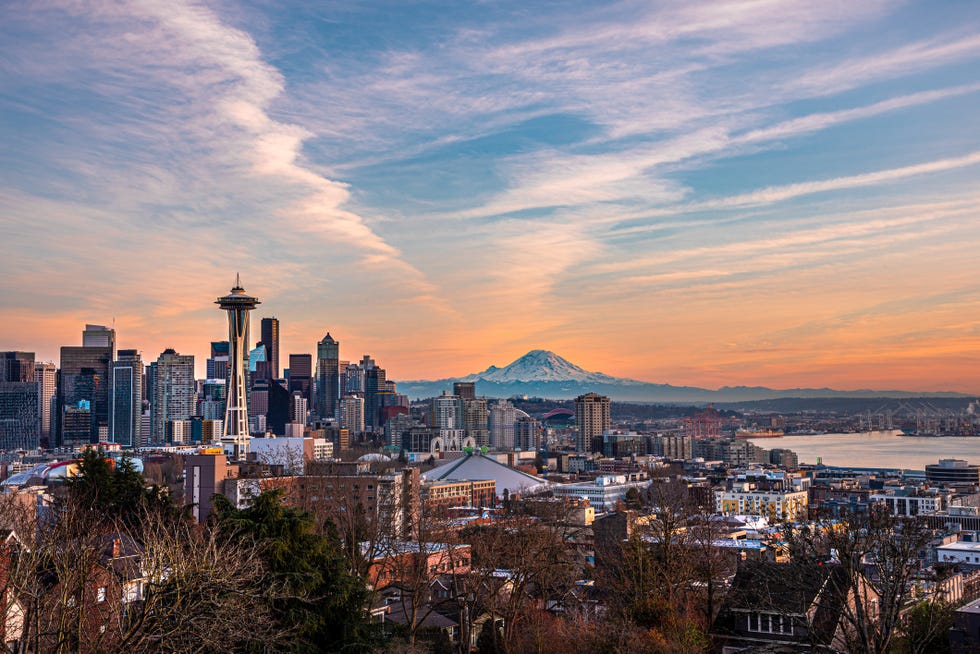 aerial view of buildings in city against sky during sunset,kerry park,united states,usa