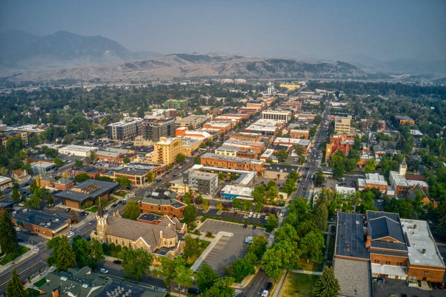 aerial view of downtown bozeman, montana in summer