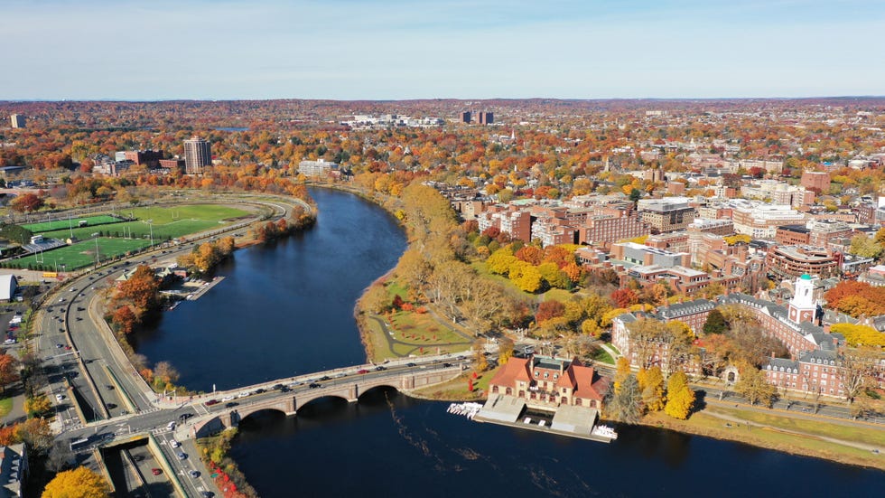 aerial view of harvard university campus in fall foliage