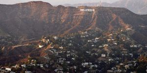 aerial view of hollywood sign over los angeles cityscape, california, united states