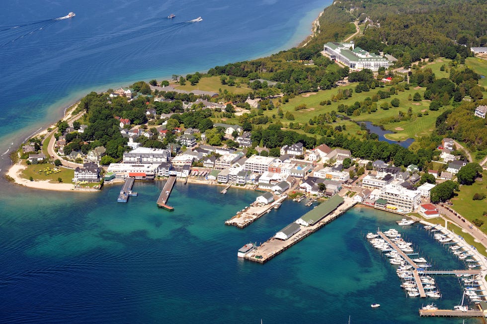 Aerial view of Mackinac Island, Michigan, USA aerial view of mackinac island, michigan, usa